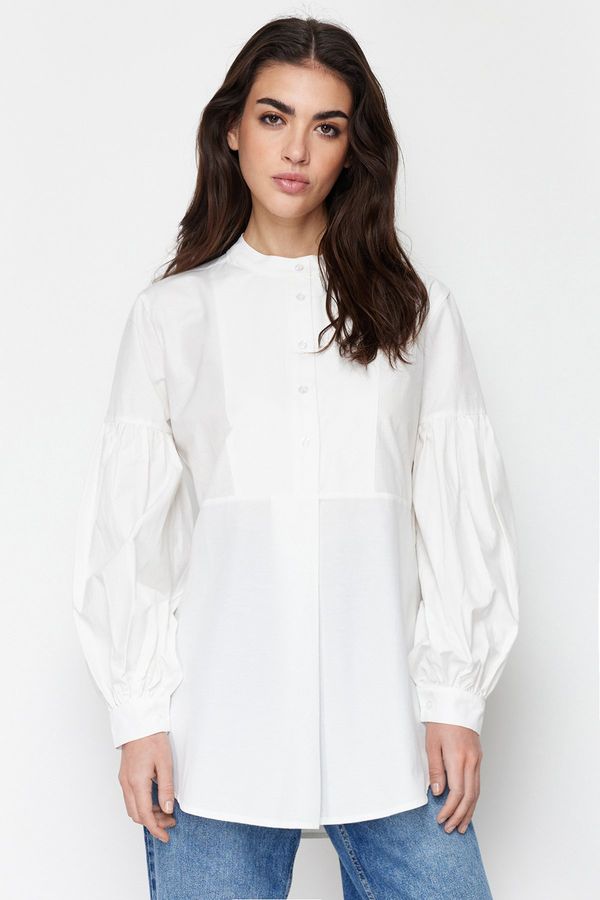 Trendyol Trendyol Ecru Comfortable Fit Cotton Woven Tunic Shirt
