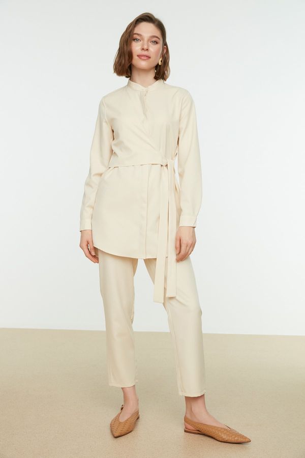 Trendyol Trendyol Ecru Crimp Collar, Double Breasted, Tied Shirt-Pants, Woven Suit