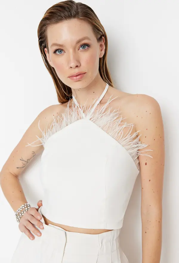 Trendyol Trendyol Ecru Crop Lined Woven Trim Bridal Bustier