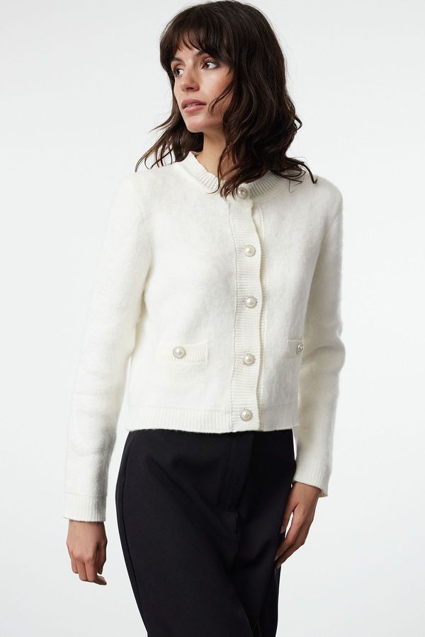 Trendyol Trendyol Ecru Crop Soft Textured Jacket Look Knitwear Cardigan