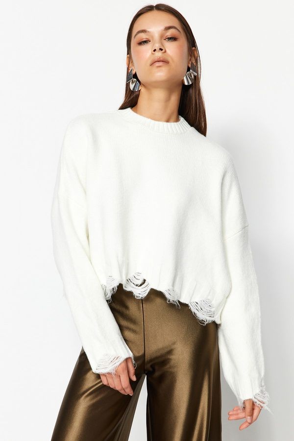 Trendyol Trendyol Ecru Crop Super Wide fit Мек текстуриран трикотажен пуловер