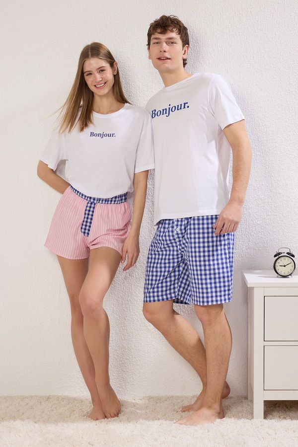 Trendyol Trendyol Ecru - Dark Blue Regular Fit Plaid Shorts Top Knitted Bottom Woven Pajama Set