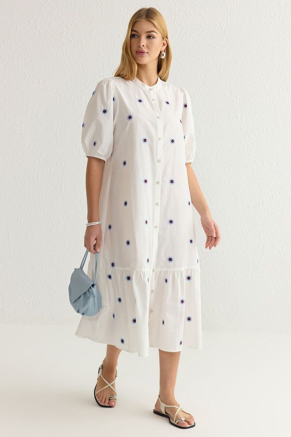 Trendyol Trendyol Ecru Floral Embroidered Midi Woven Dress