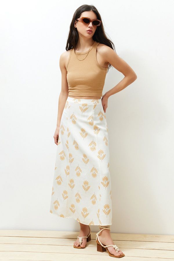 Trendyol Trendyol Ecru Floral Patterned A-Line Midi Length Woven Linen Blended Skirt