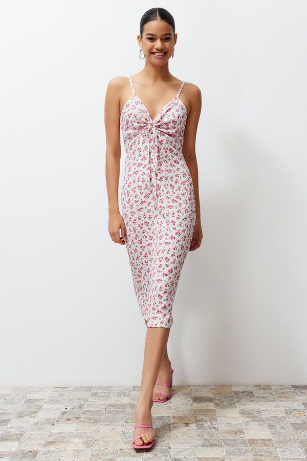 Trendyol Trendyol Ecru Floral Print Crescent Waist Open/Skater Strap Midi Knitted Dress