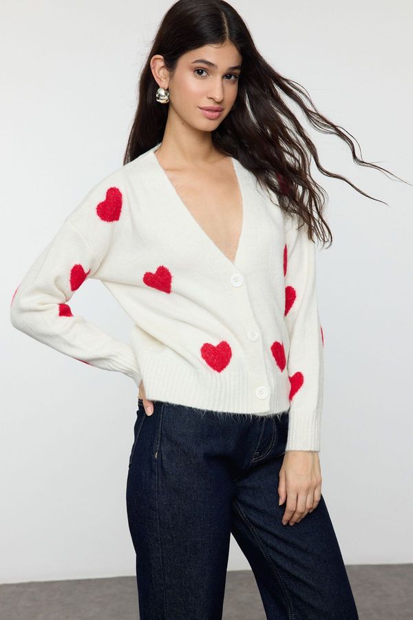 Trendyol Trendyol Ecru Heart Patterned V Neck Knitwear Cardigan