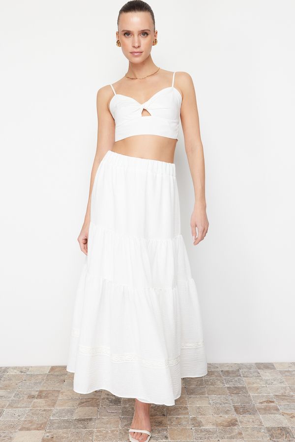 Trendyol Trendyol Ecru Hem Lace Detailed Linen Look Flared Maxi Woven Skirt