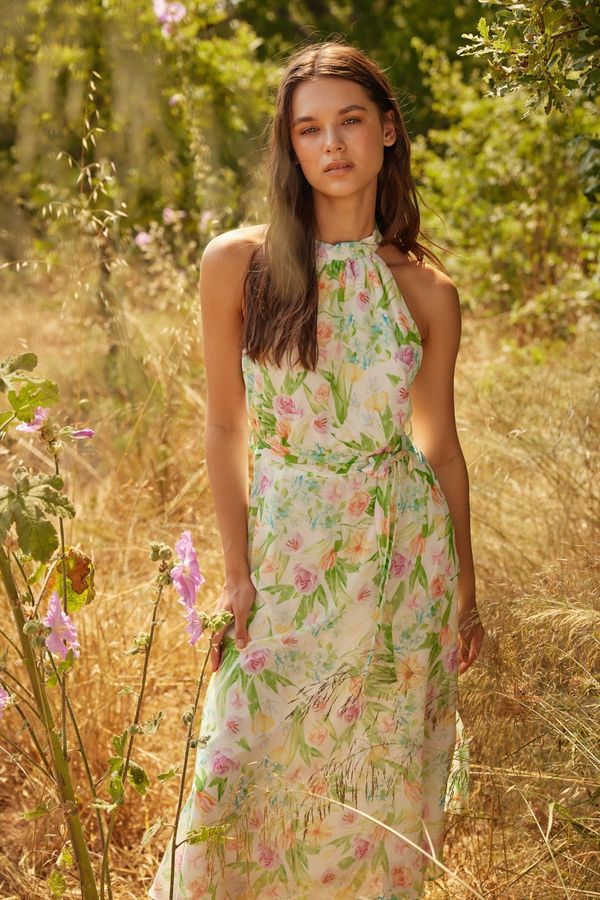 Trendyol Trendyol Ecru колан A-Line Midi тъкани облицовани флорални модел тъкани рокля