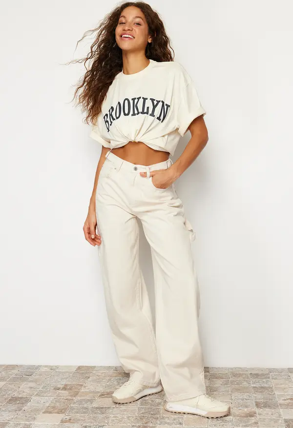 Trendyol Trendyol Ecru Loose Cut High Waist Carpenter Skater Jeans