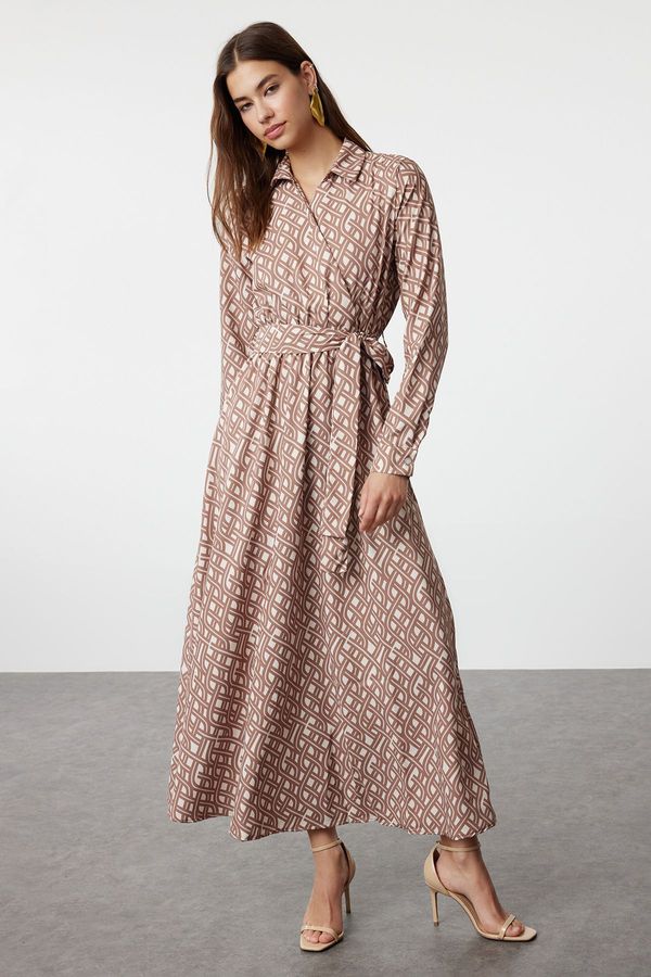 Trendyol Trendyol Ecru Mono Patterned Belted Satin Woven Hijab Dress