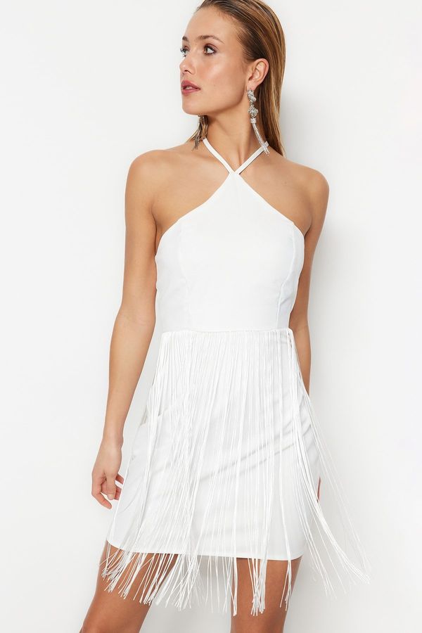 Trendyol Trendyol Ecru монтирани облицовани тъкани пискюли сватба/брак елегантна вечерна рокля