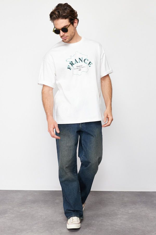 Trendyol Trendyol Ecru Oversize Country Printed 100% Cotton T-Shirt