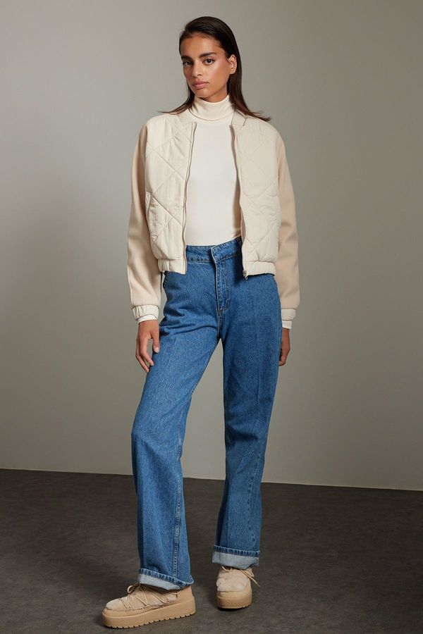 Trendyol Trendyol Ecru Oversize Sleeve Stamp Detailed Bomber Jacket Coat