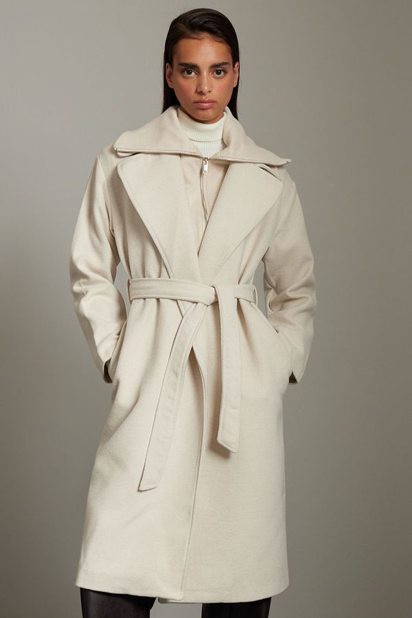 Trendyol Trendyol Ecru Oversized Wool Coat with Knitwear Detail