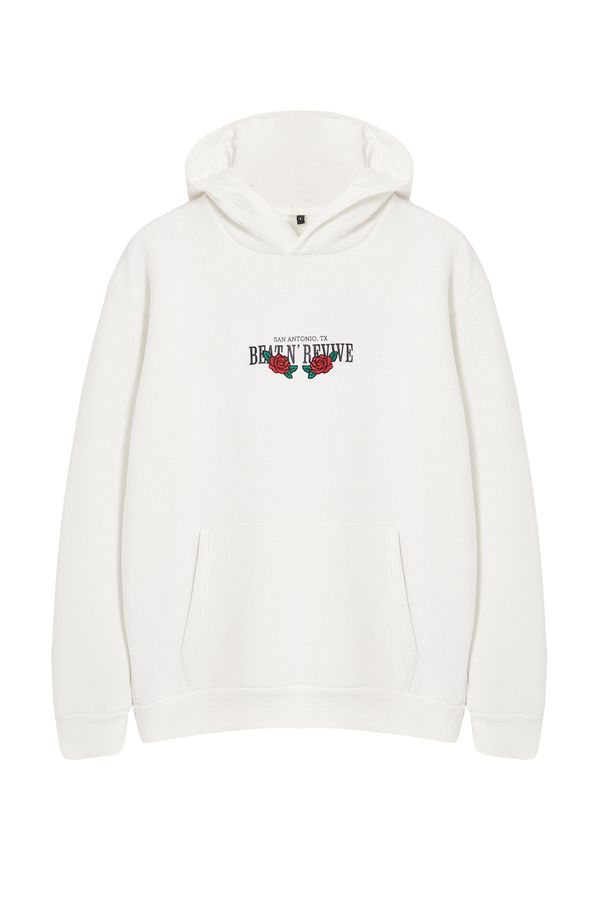 Trendyol Trendyol Ecru Oversize/Wide Cut Letter Printed Floral Embroidered Hooded Sweatshirt with Fleece Inside