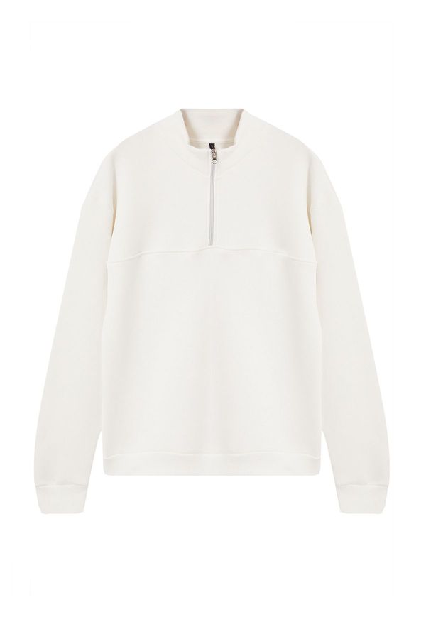 Trendyol Trendyol Ecru Oversize/Wide Cut Stand Collar Zippered Basic Sweatshirt