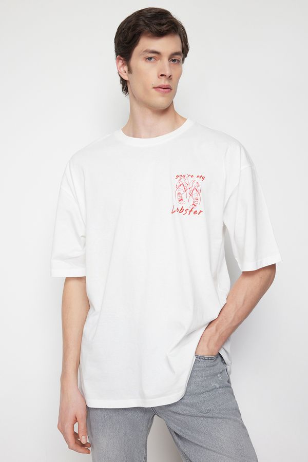 Trendyol Trendyol Ecru Oversize/Wide-Fit Lobster Embroidery 100% Cotton T-shirt