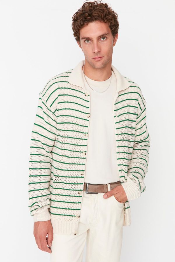 Trendyol Trendyol Ecru Regular Fit Crochet Detailed Striped Knitwear Cardigan