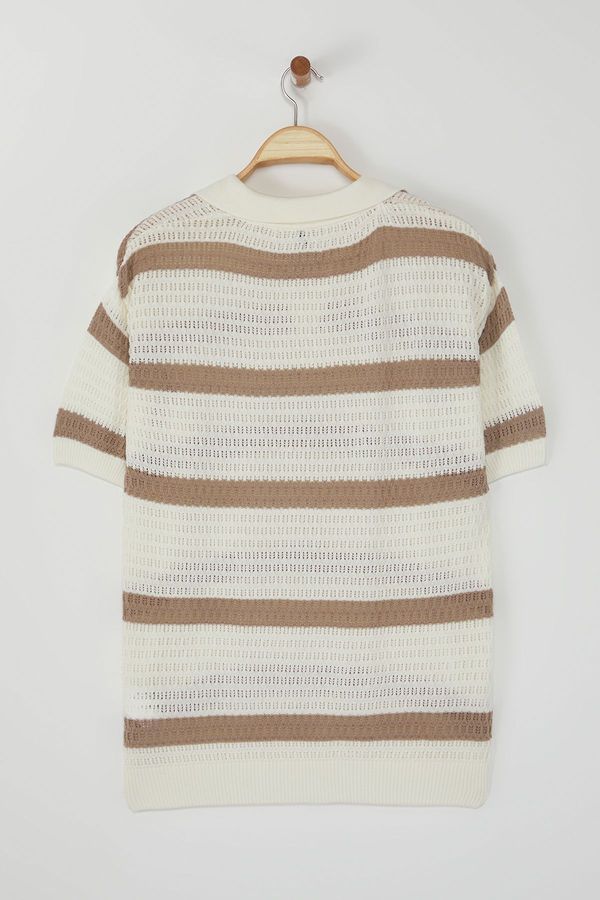 Trendyol Trendyol Ecru Regular Polo Neck Striped Knitwear Polo Neck T-shirt
