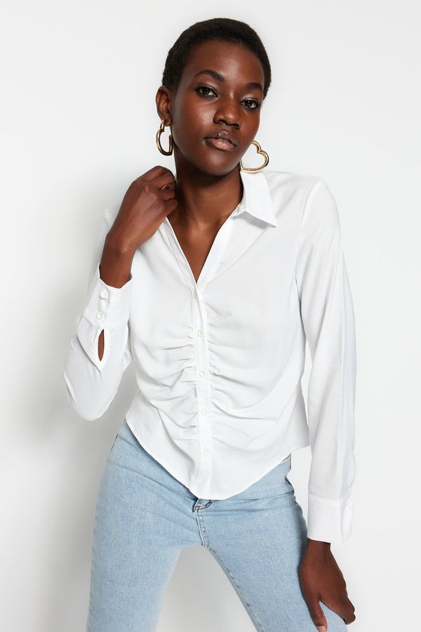 Trendyol Trendyol Ecru Shirred Fitted/Slim Woven Shirt