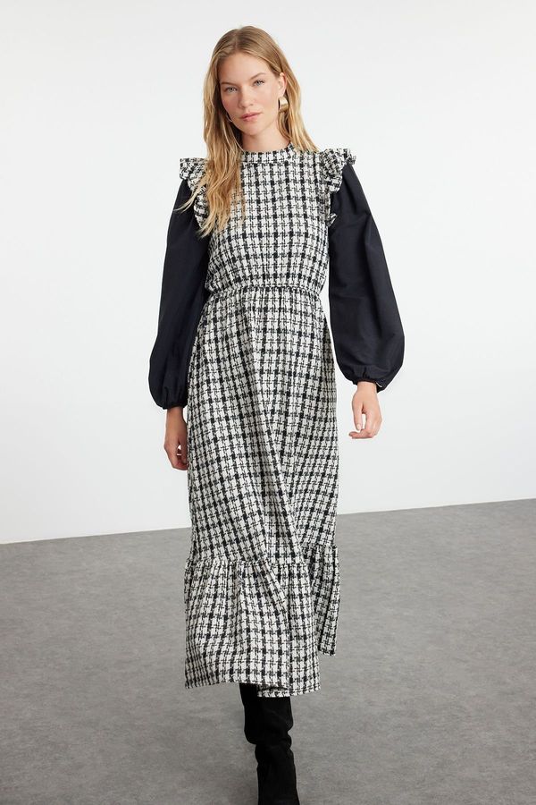 Trendyol Trendyol Ecru Sleeves Woven Tweed Dress with Poplin Detail