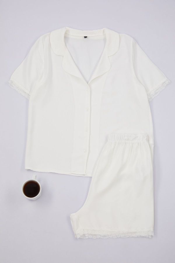 Trendyol Trendyol Ecru Solid Lace/Mesh/File Viscose Woven Pajama Set