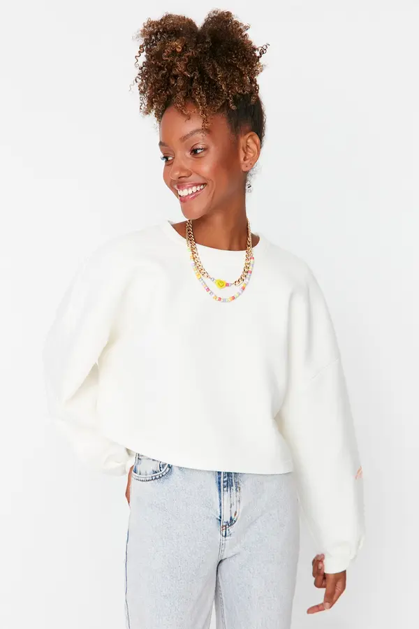 Trendyol Trendyol Ecru Thick Fleece Comfort Cut Crop Sleeve Printed Knitted Sweatshirt