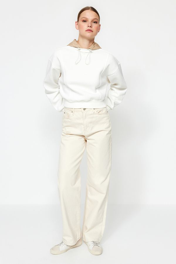 Trendyol Trendyol Ecru Thick Fleece Parachute Hooded Relaxed Cut Crop Knitted Sweatshirt