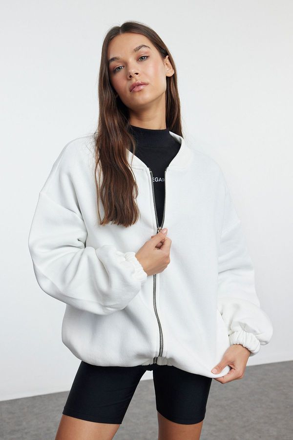 Trendyol Trendyol Ecru Zippered Oversize/Wide Fit Thick Inside Fleece Knitted Sweatshirt