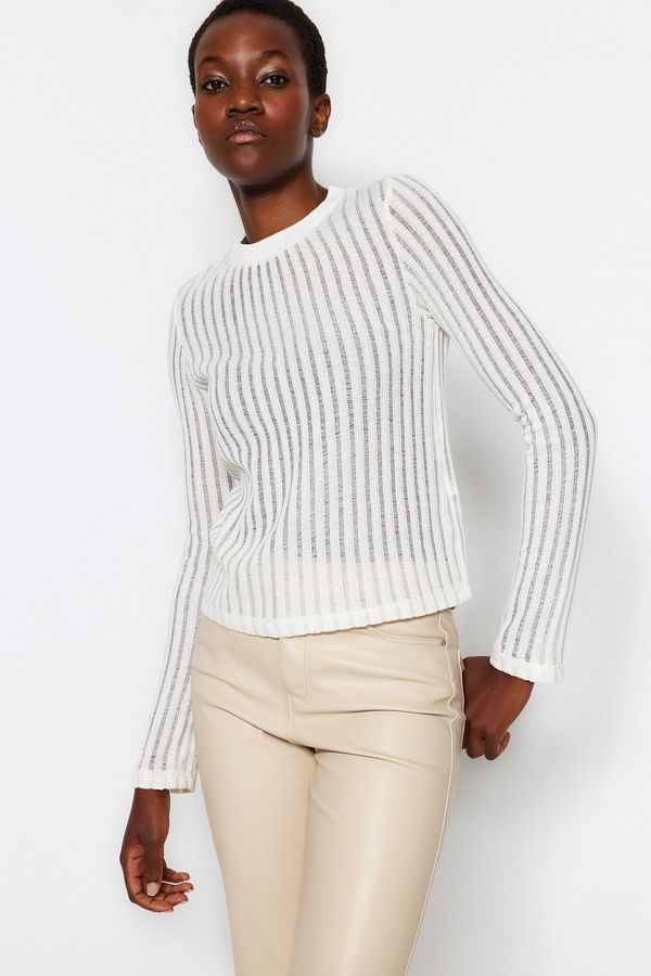 Trendyol Trendyol екрю прозрачен трико изглежда плат редовен размер екипажа врата трикотажна блуза