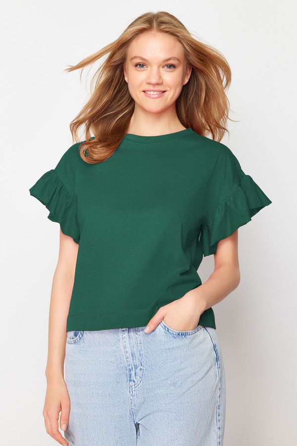 Trendyol Trendyol Emerald Green 100% Cotton Ruffle Detail Basic Crew Neck Knitted T-Shirt