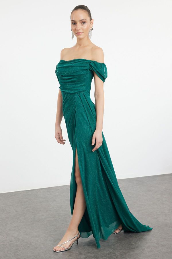 Trendyol Trendyol Emerald Green Cowl Neck Woven Long Evening & Graduation Dress