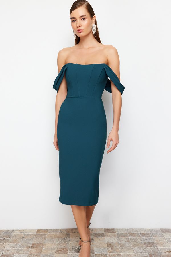 Trendyol Trendyol Emerald Green Fitted Corset Detailed Woven Elegant Evening Dress