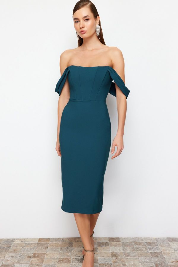 Trendyol Trendyol Emerald Green Fitted Woven Corset Detailed Elegant Evening Dress