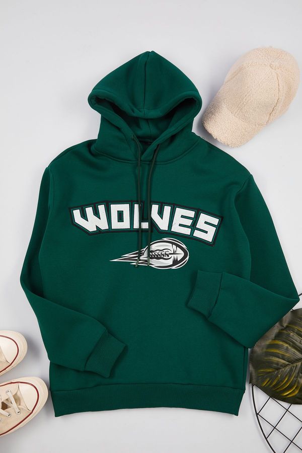 Trendyol Trendyol Emerald Green Oversize/Wide Fit Hooded College Sweatshirt