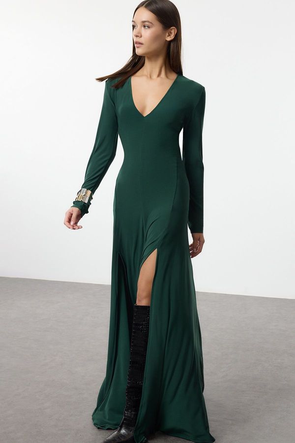 Trendyol Trendyol Emerald Green Plain Limited Edition V Neck Skater/Waist Open Stretch Maxi Knit Dress