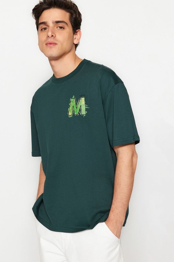 Trendyol Trendyol Emerald Green Relaxed/Comfortable Fit Short Sleeve Text Printed 100% Cotton T-Shirt