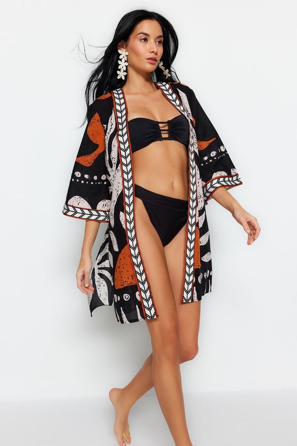 Trendyol Trendyol Ethnic Pattern Belted Mini Woven 100% Cotton Kimono & Kaftan