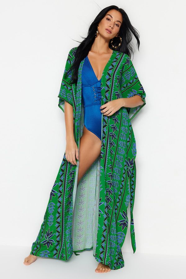 Trendyol Trendyol Ethnic Patterned Belted Maxi Woven Kimono & Kaftan