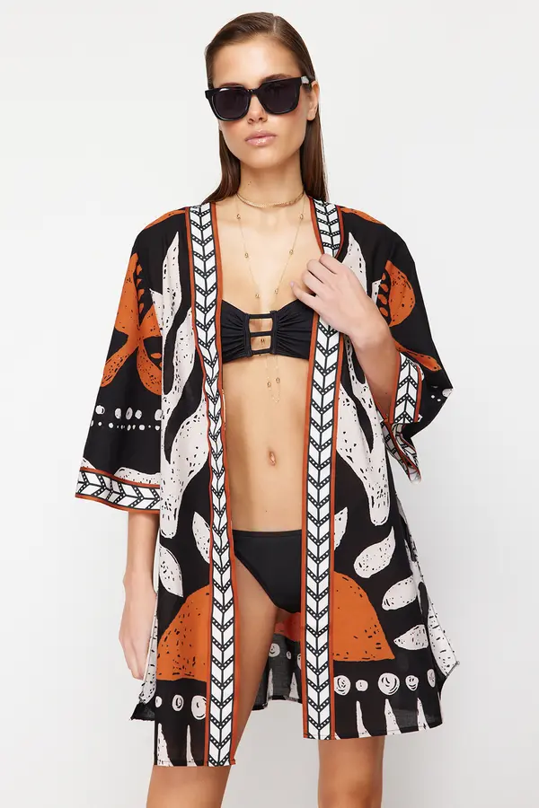 Trendyol Trendyol Ethnic Patterned Belted Mini Woven 100% Cotton Beach Kimono&Caftan