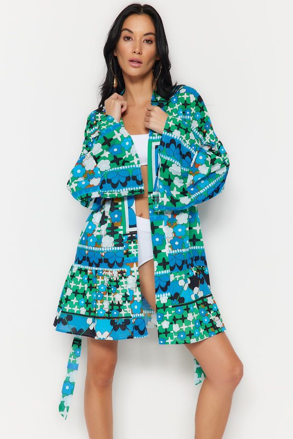 Trendyol Trendyol Floral Pattern Belted Mini Woven 100% Cotton Kimono & Kaftan
