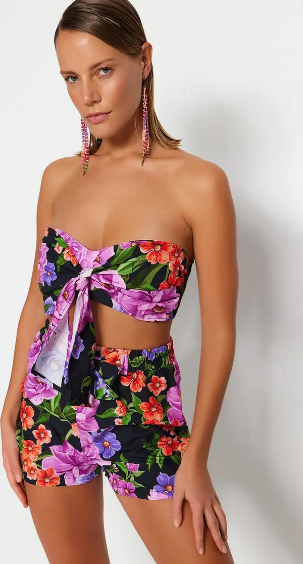 Trendyol Trendyol Floral Patterned Woven Tie 100% Cotton Blouse Shorts Beach Set