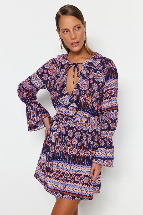 Trendyol Trendyol флорални шарени мини тъкани къдри 100% памук плажна рокля