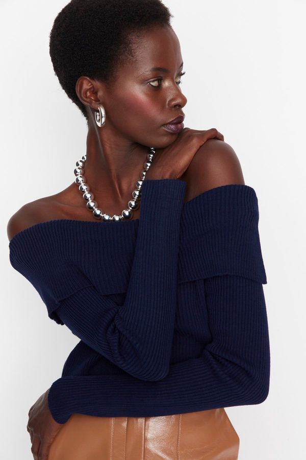 Trendyol Trendyol флот синьо култура Кармен яка трикотаж пуловер