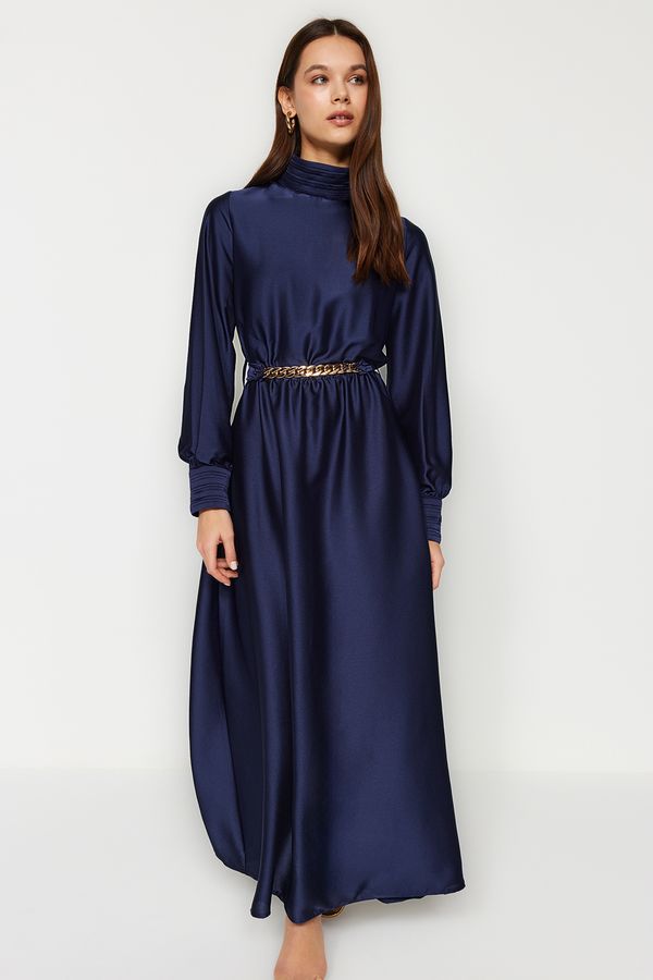 Trendyol Trendyol флот синя яка и маншет драпирани подробно колан тъкани вечерна рокля