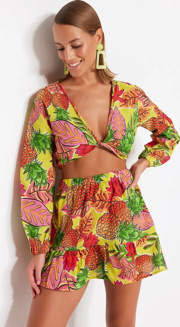 Trendyol Trendyol Fruit Patterned Woven 100% Cotton Blouse and Skirt Suit