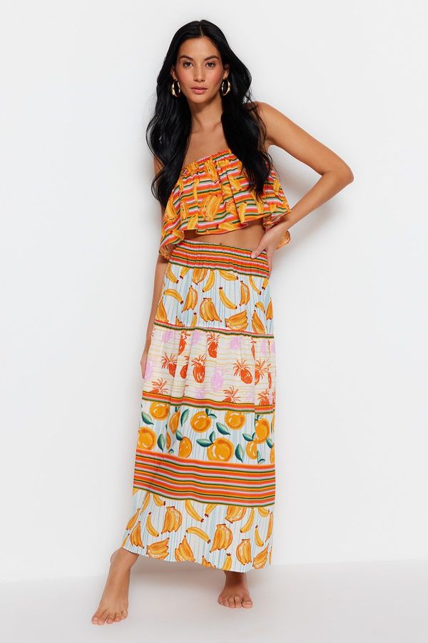 Trendyol Trendyol Fruit Patterned Woven Ruffles 100% Cotton Blouse and Skirt Set