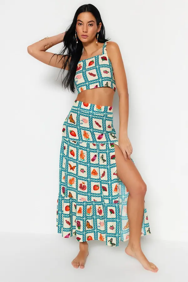 Trendyol Trendyol Fruit Patterned Woven Slit Blouse and Skirt Set