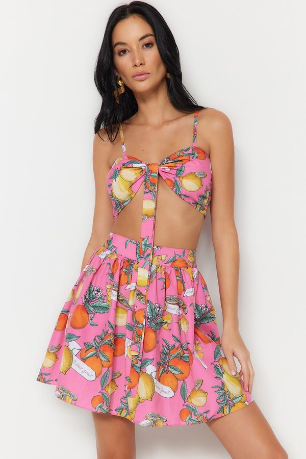 Trendyol Trendyol Fruit Patterned Woven Tie Blouse Skirt Set