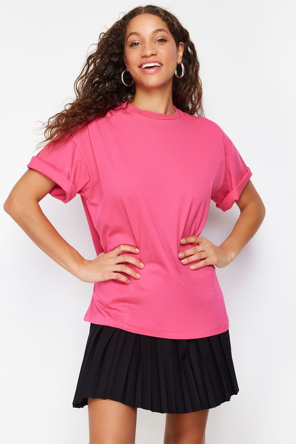 Trendyol Trendyol Fuchsia 100% Cotton Crew Neck Boyfriend/Wide Fit Knitted T-Shirt